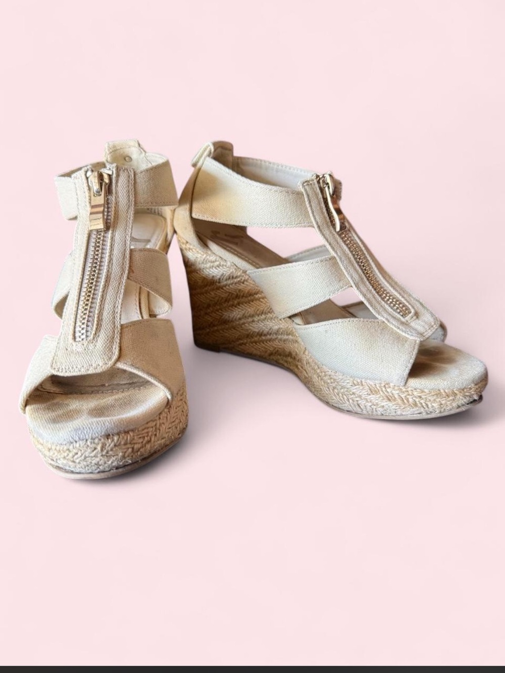 Beige Wedge Sandals with Front Zip